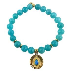 T. Jazelle 925 14K Gold Plated Amazonite Faux Opal Beaded Charm Stretch Bracelet